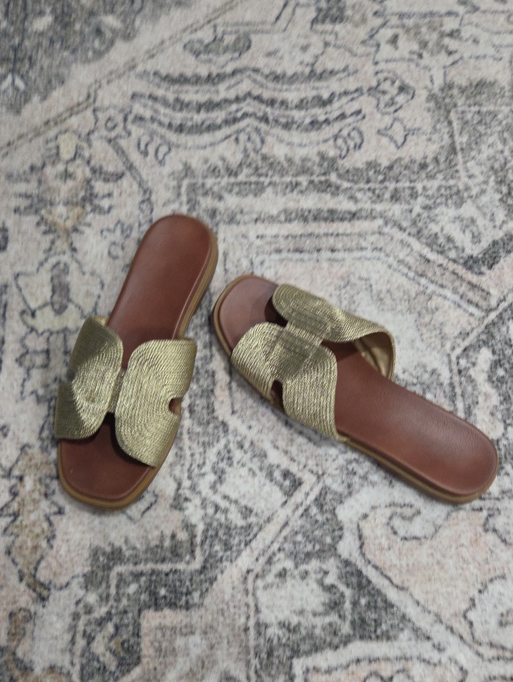 MIA Metallic Gold Slide Sandals with Brown Footbed